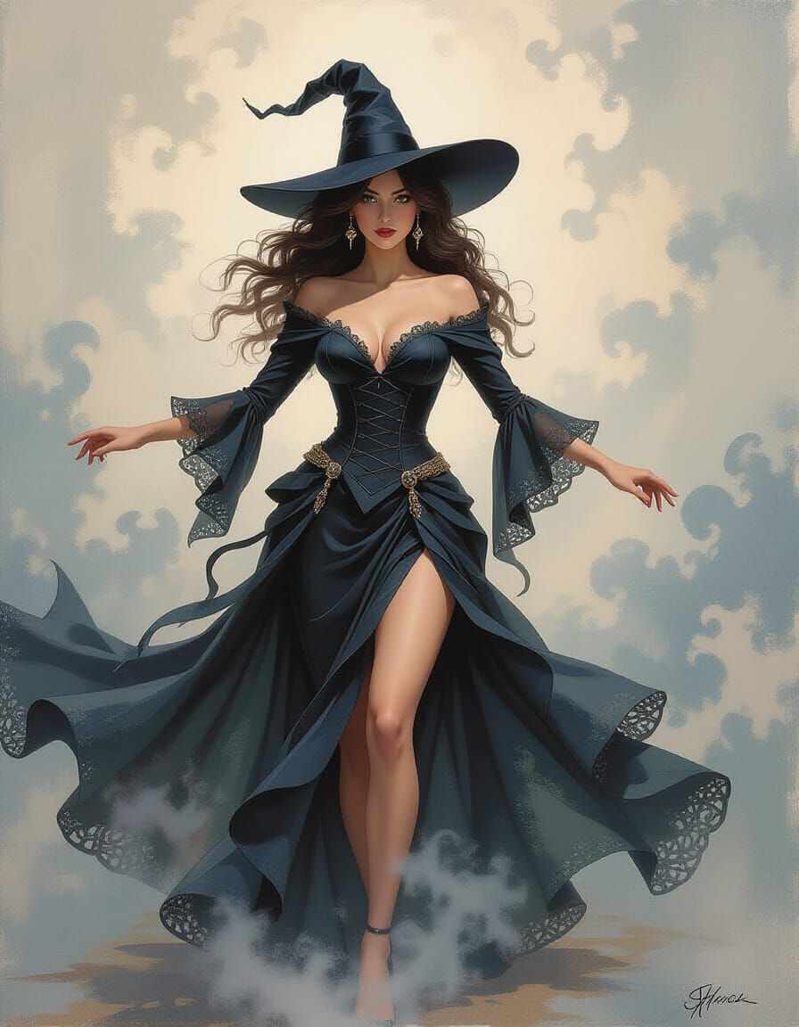 Witch in Dynamic Pose, Impasto Masterpiece