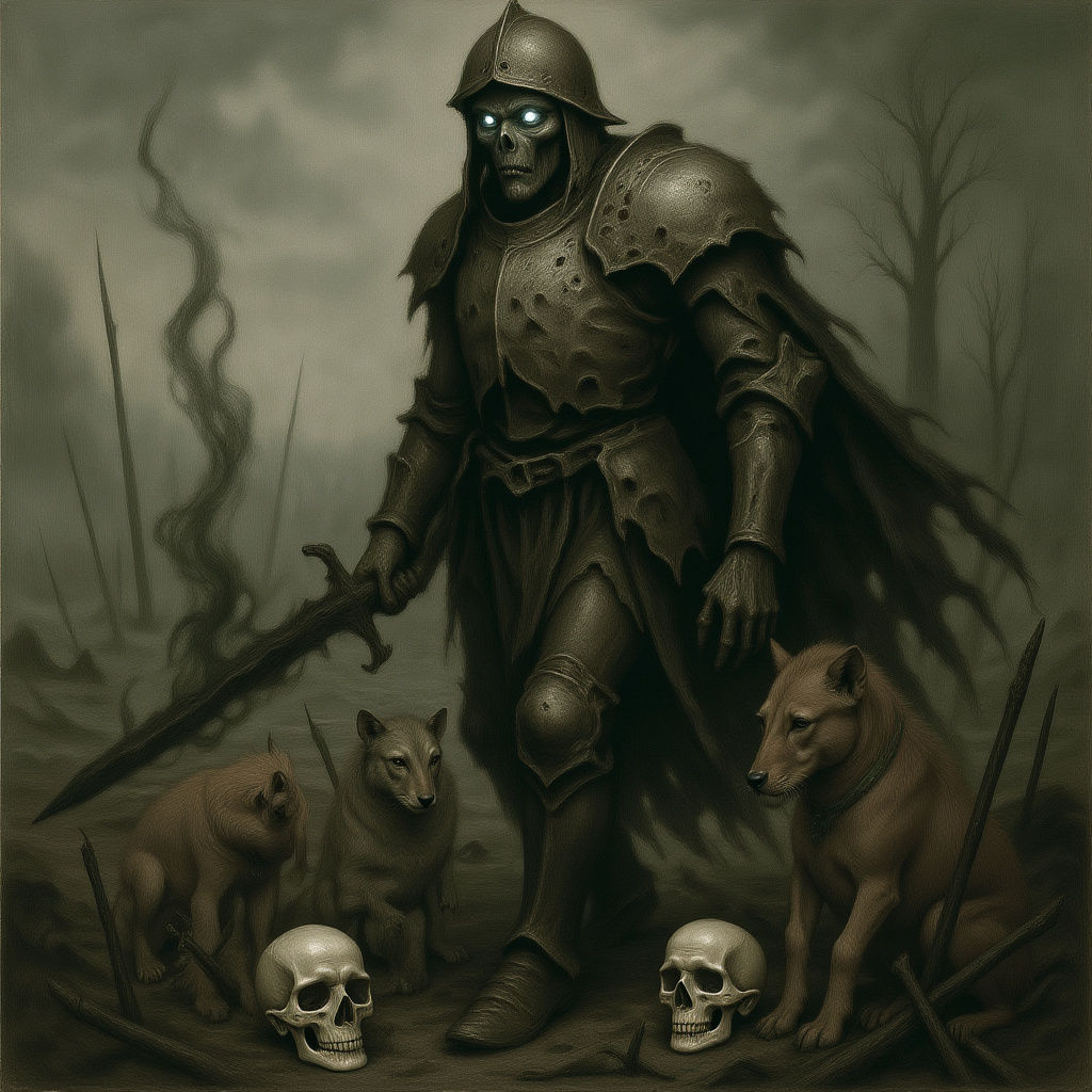 Spectral Knight Wanders Desolate Battlefield in Gothic Art