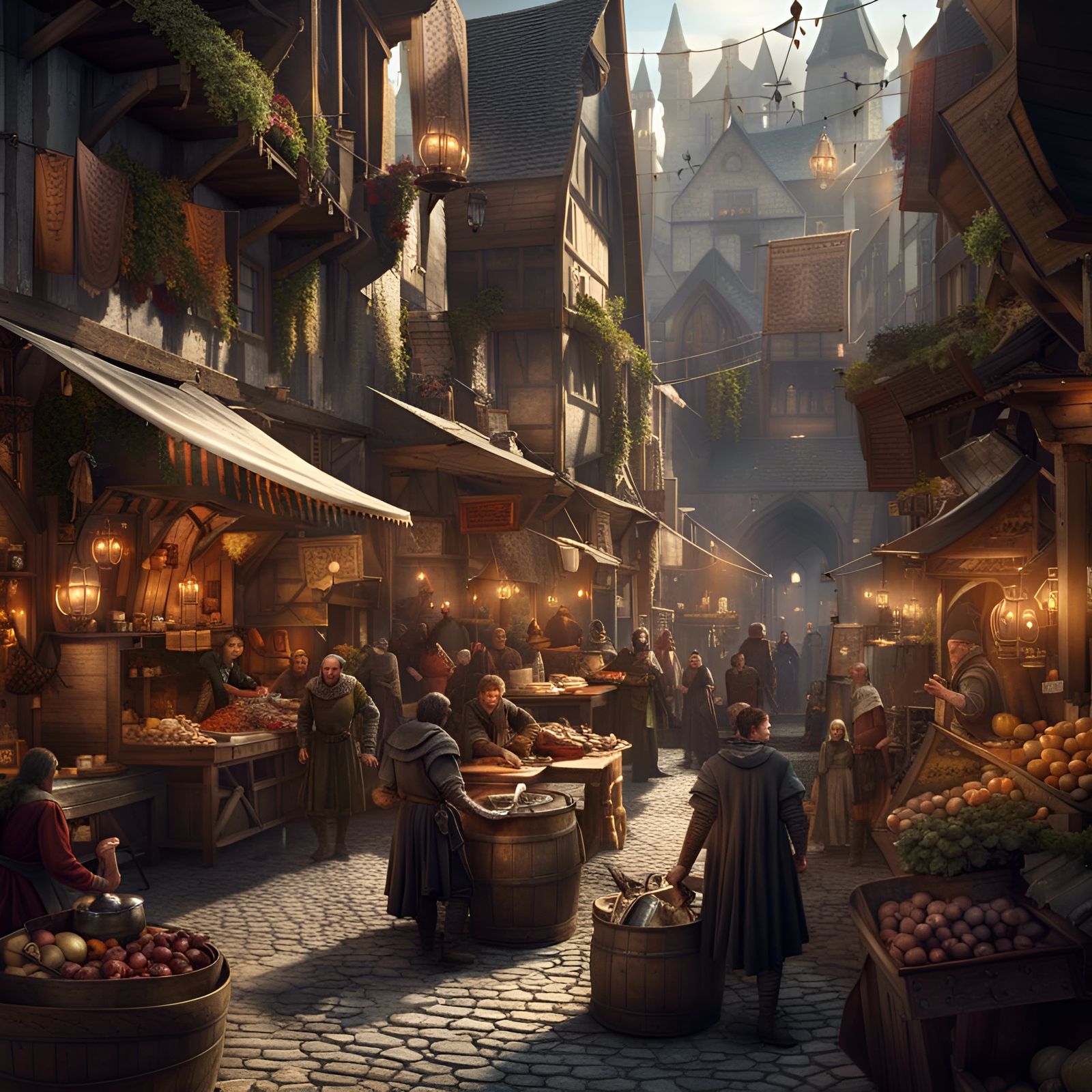 Vibrant Medieval Market Scene in Digital Matte Painting