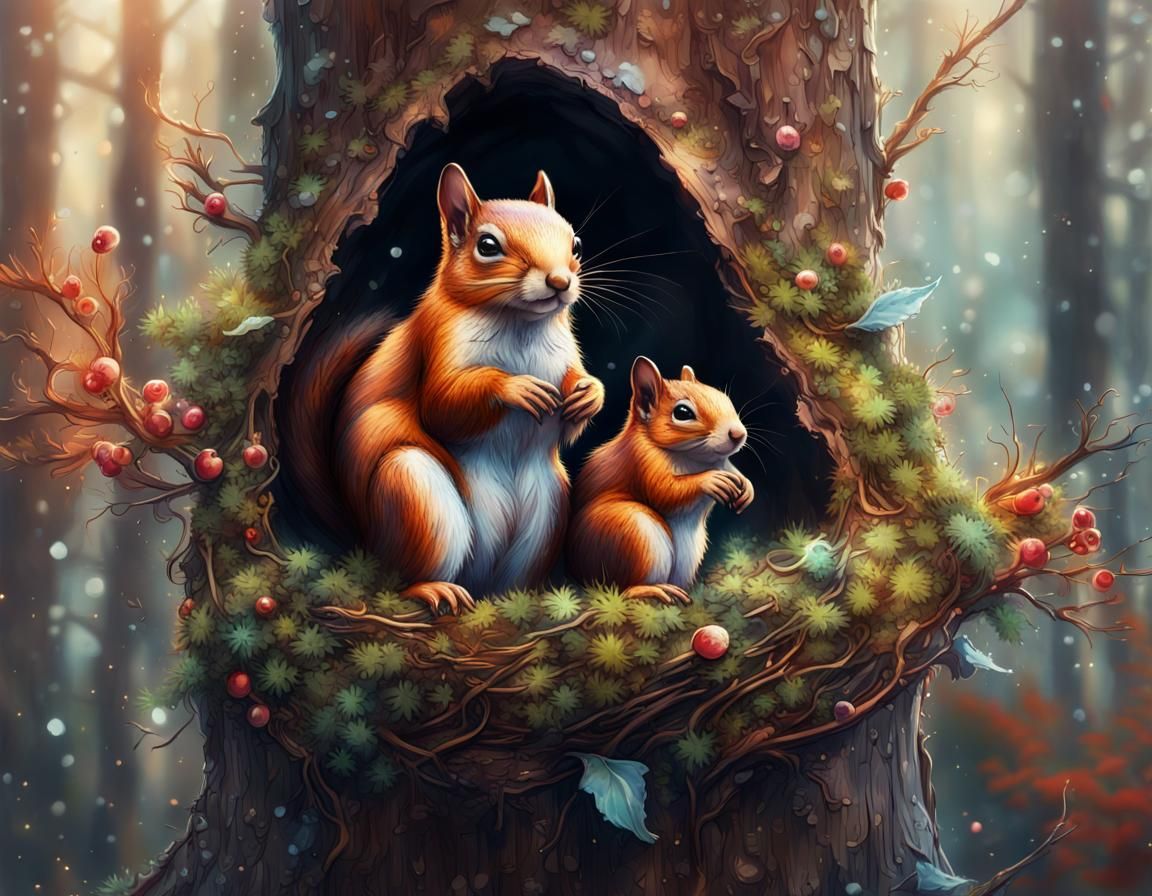 Squirrel Family in Fairytale Forest, Vivid 3D Render