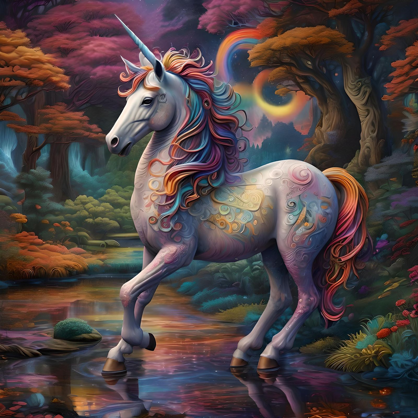 Iridescent Unicorn in Fractal Landscape, Detailed Art