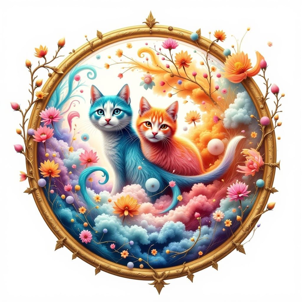 Dreamy Cats in Vibrant Hyperreal Scene