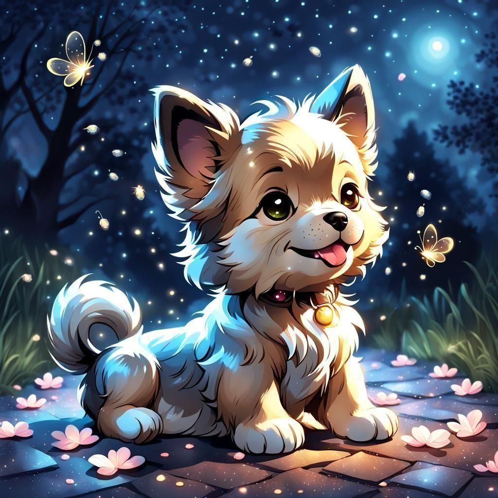Cute Puppy in Magical Night Scene