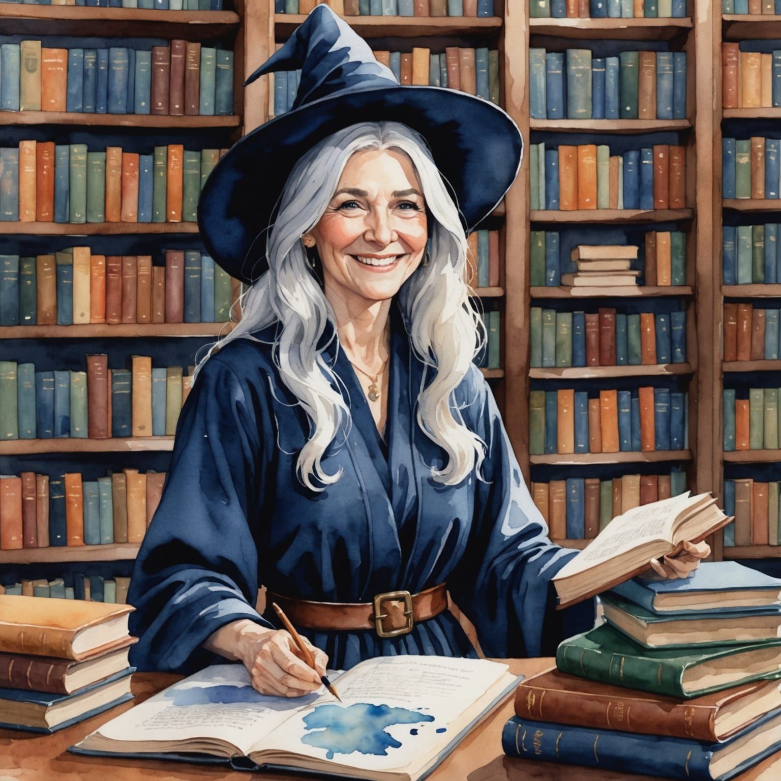 Watercolor Witch Smiles in a Messy Library