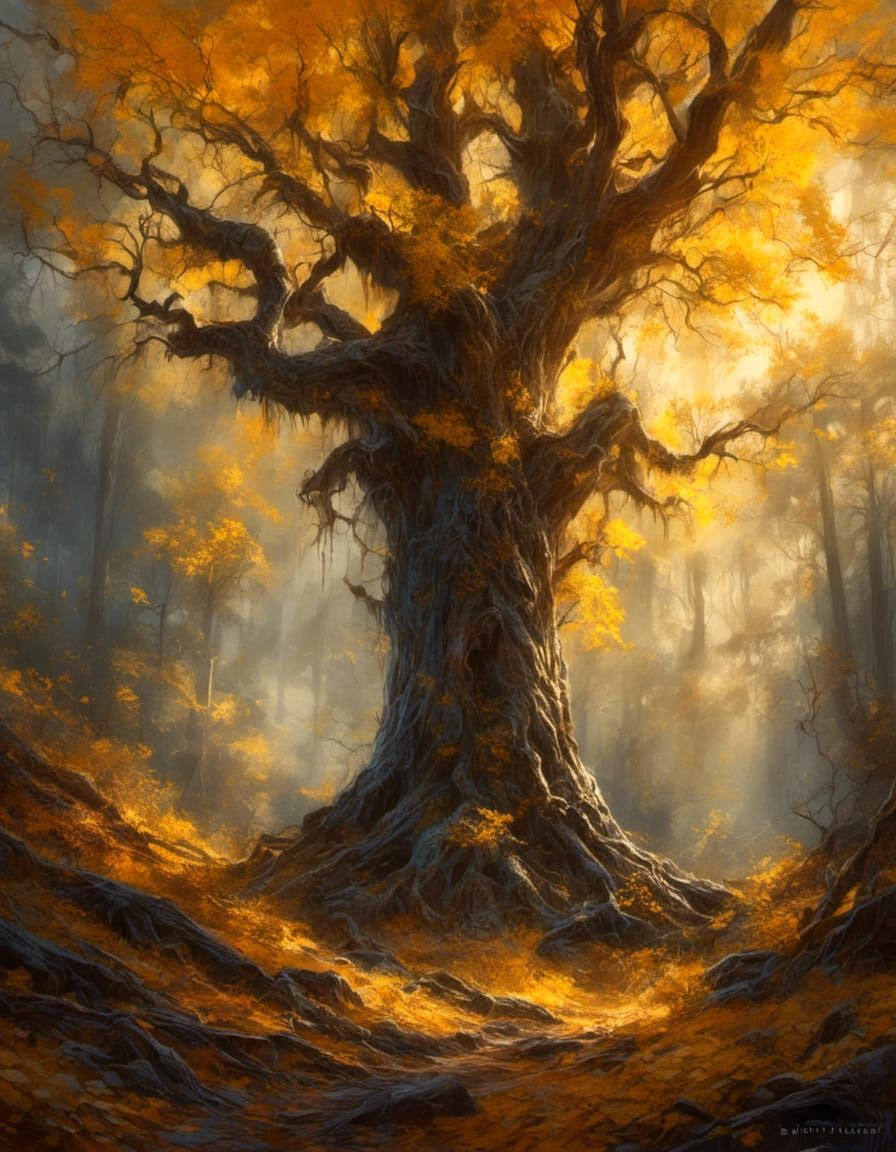 Majestic Tree with Yellow Leaves in Autumn Forest