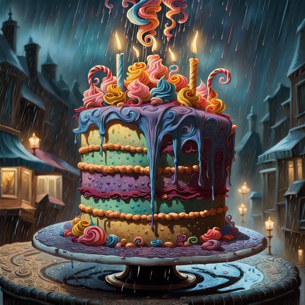 Rainy Night Birthday Cake in Gouache Style