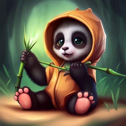 Cute Panda Eating Bamboo in the Rain