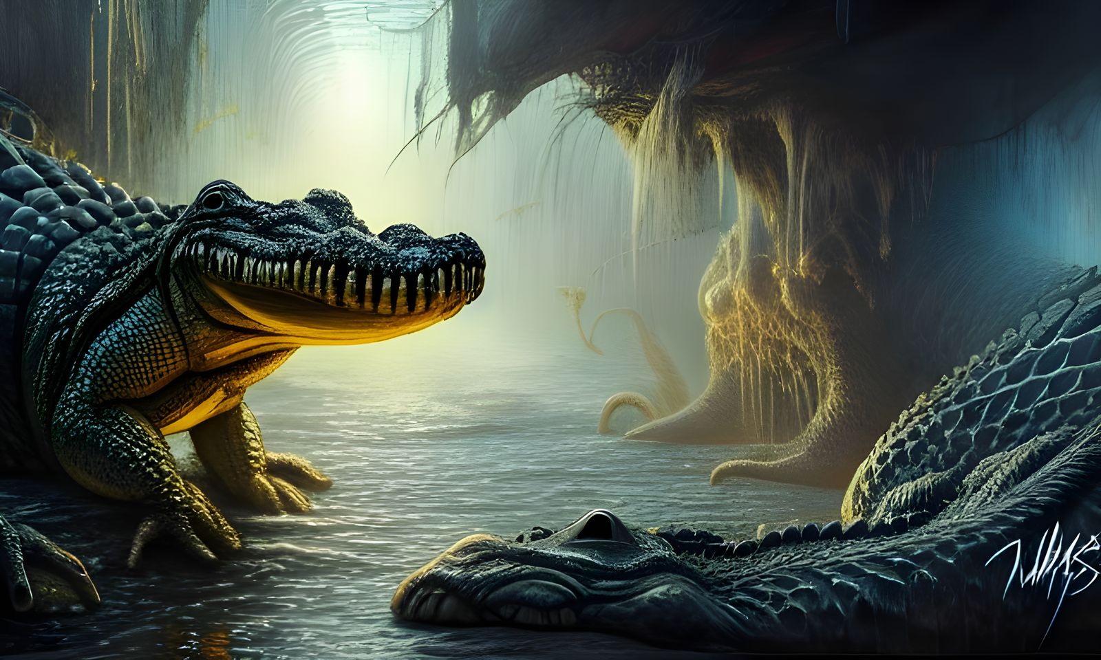 Anthropomorphic Alligator Fish in Hyperdetailed Cave