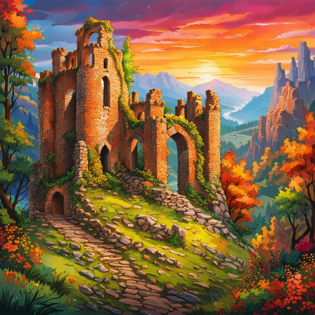 Vibrant Medieval Castle Ruins Artwork
