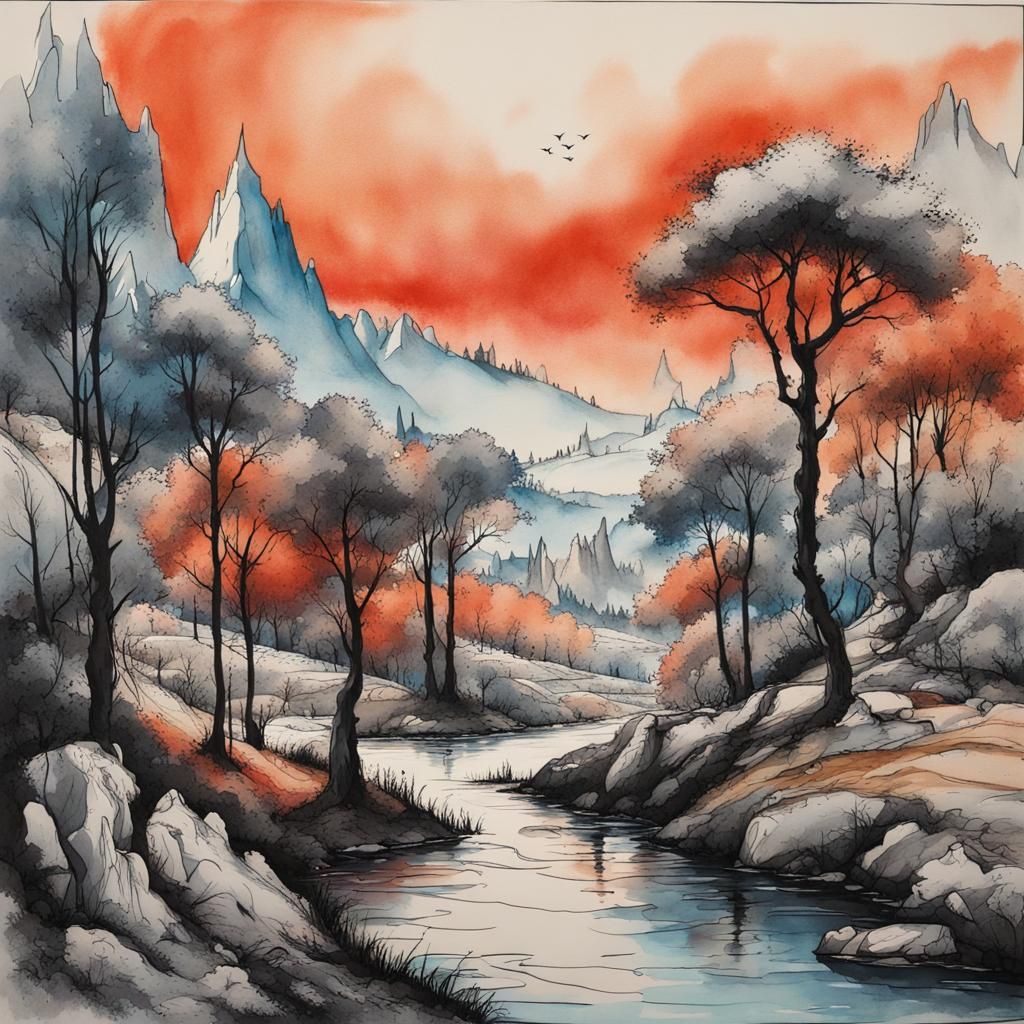 Fantasy Landscape in Modern Ink Painting Style