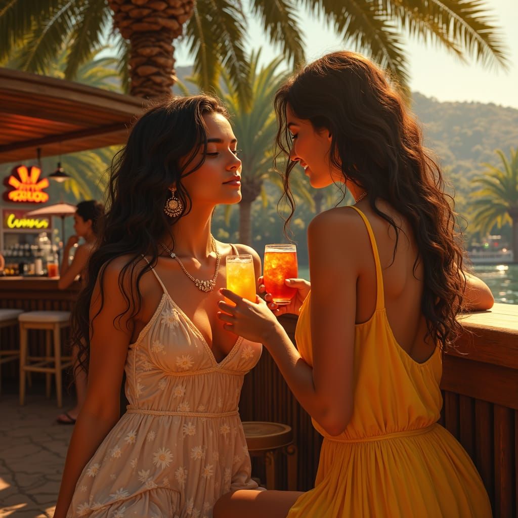 Greek Women at Chic Bar, Art Nouveau Style