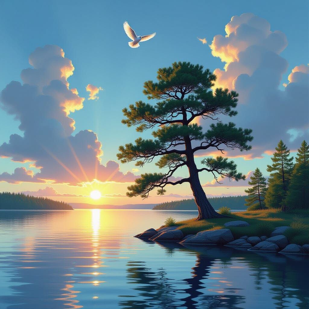 Majestic Pine Tree Reflected at Sunrise