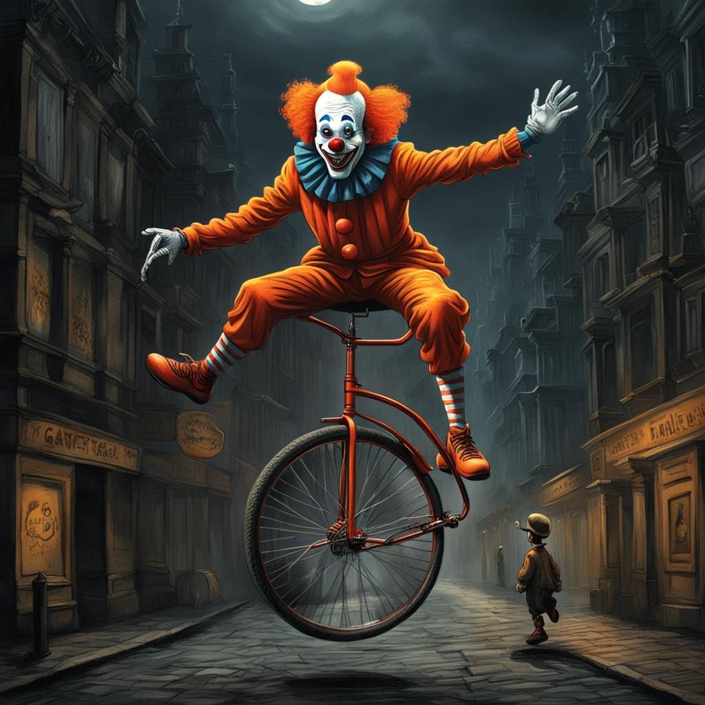 Orange Clown in Dark City, Burton-esque Style