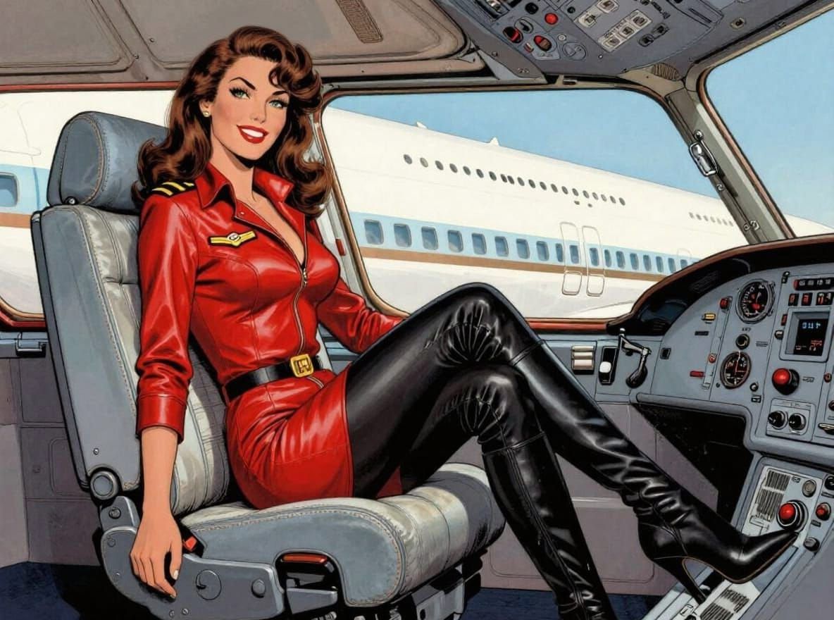 Italian Fumetti Cover Art: Brunette Airline Captain in Leath...