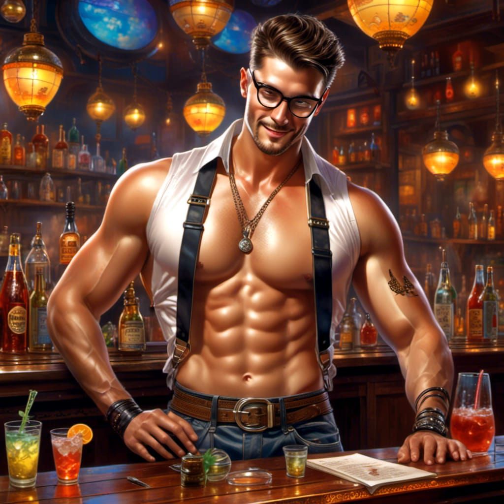 Handsome Bartender Making Drinks in Cozy Bar