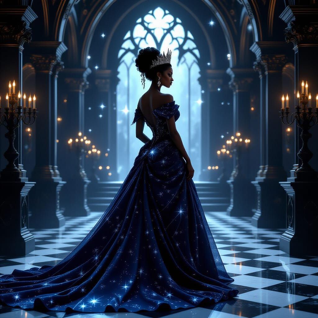 Regal African American Queen in Dark Fantasy Ballroom