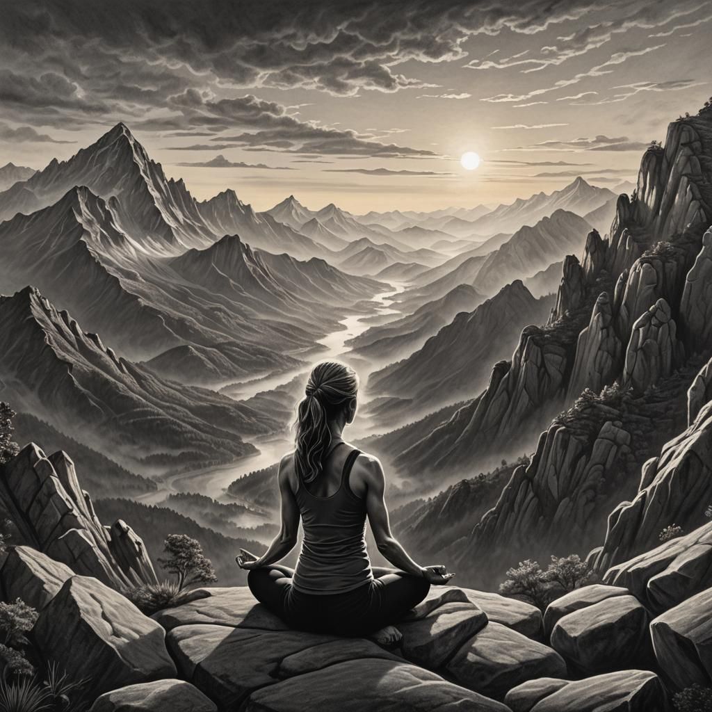 Monochrome Yoga Illustration with Sunrise in Charcoal Style
