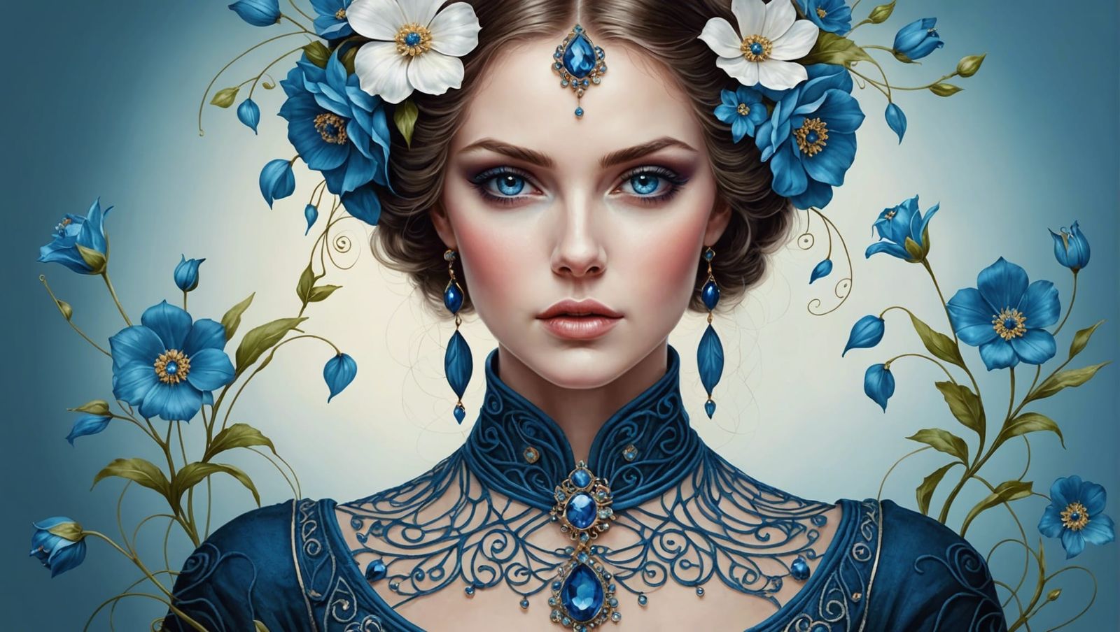 Woman and Flowers in Blue Tones