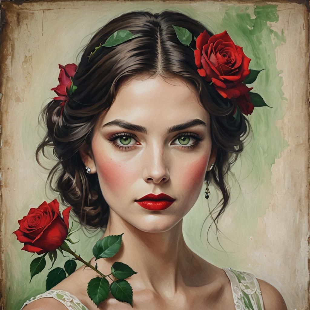 Brunette Portrait with Green Eyes and Red Lips