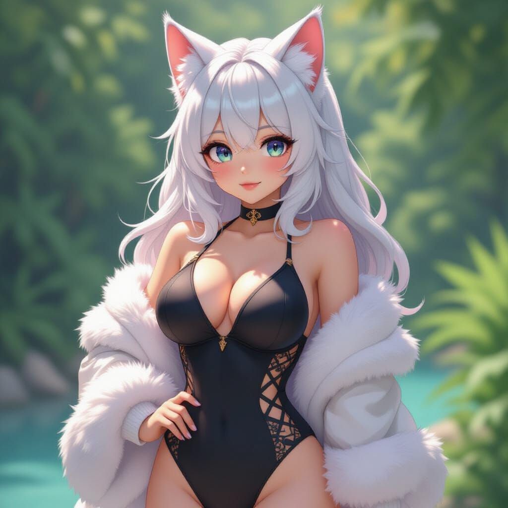 Elegant Anime Cat-Girl in Swimsuit, 3D Art Style