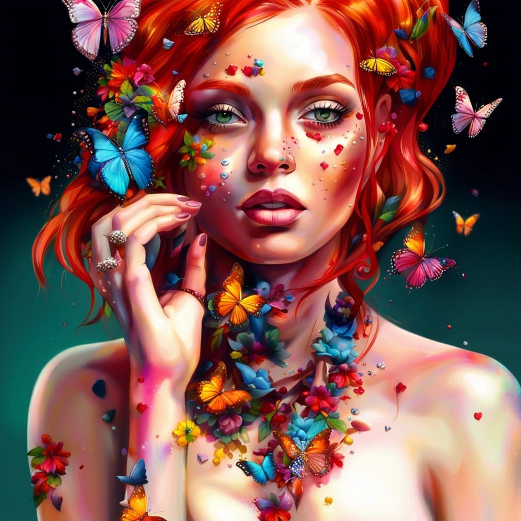 Red-Haired Girl with Butterflies in Graffiti Art