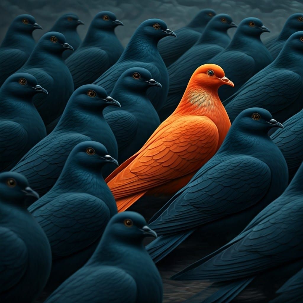 Orange Dove Among Blue Birds, Expressive Art