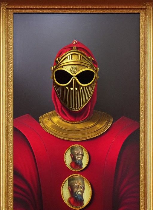 Cyborg King in Red Mask: Oil Painting Portrait