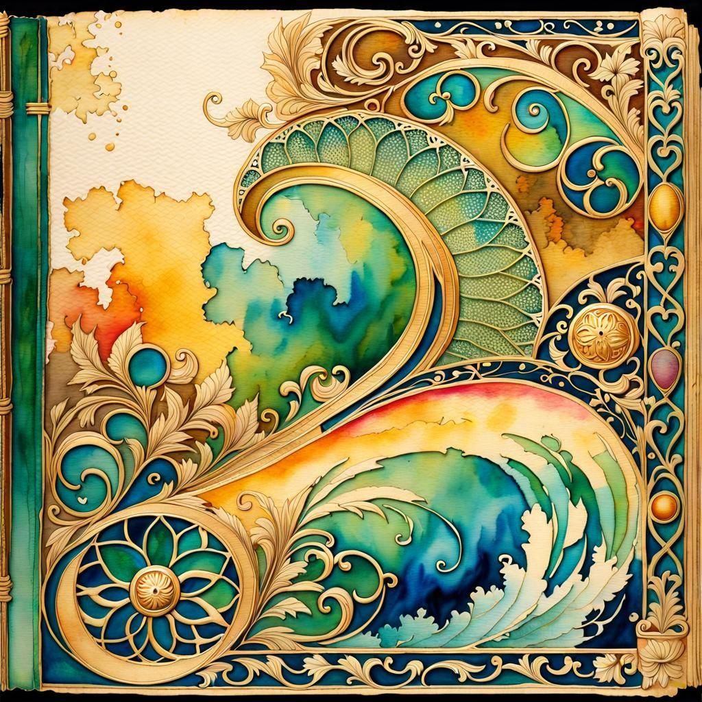 Golden Rainbow Watercolor on Antique Paper