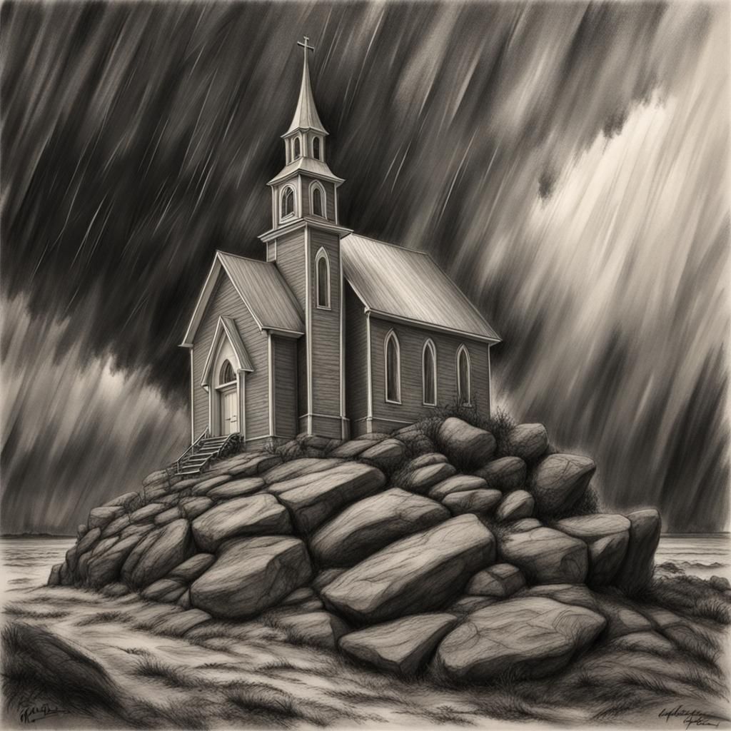 Dramatic Church on Rock in Storm, Charcoal Art