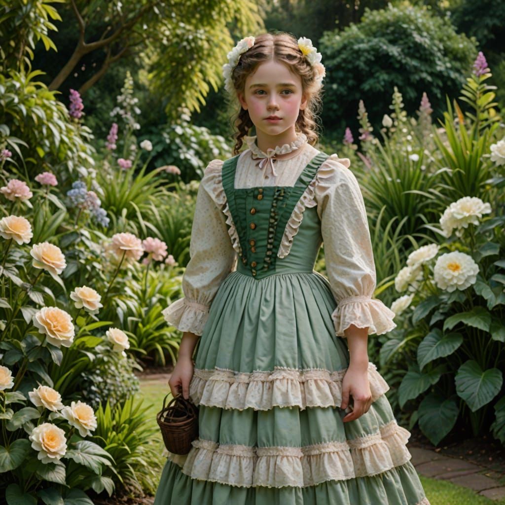 A young Victorian girl in a frilly dress standing in a lush garden