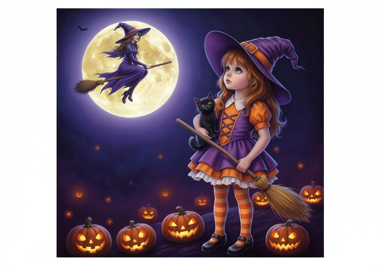 Little Witch with Kitten and Moonlit Scene