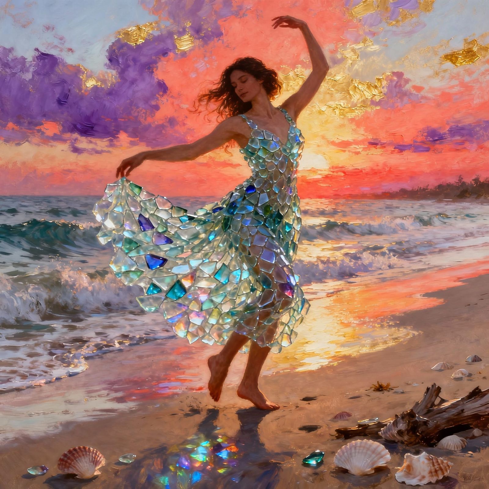 Woman Dancing in Sea Glass Dress on Sunset Beach