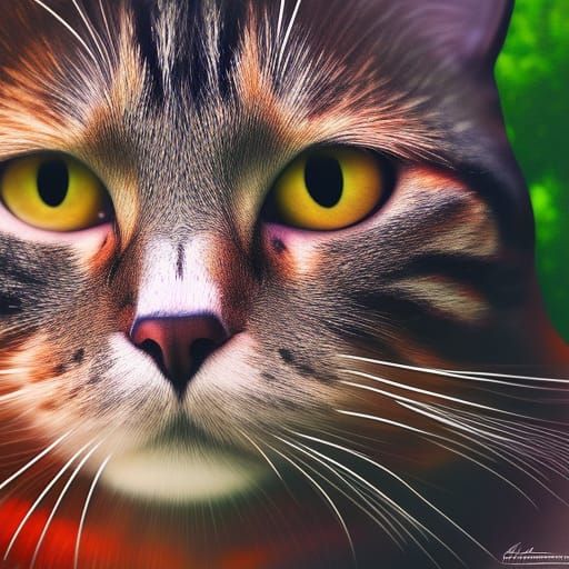 Hyperrealistic Cat Portrait in Colorful Woods