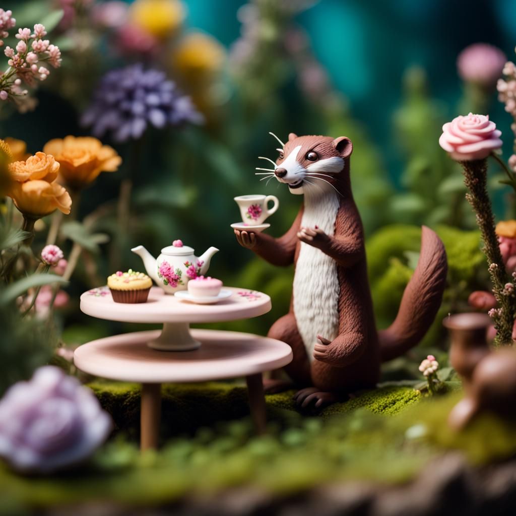 Whimsical Weasel Tea Party Clay Diorama