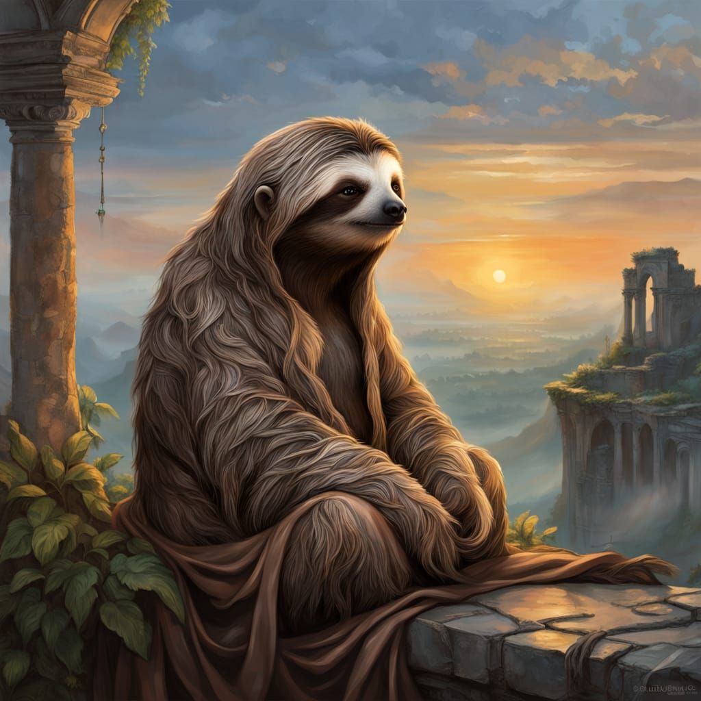 Melancholic Sloth in Baroque Robes Overlooking Misty Valley