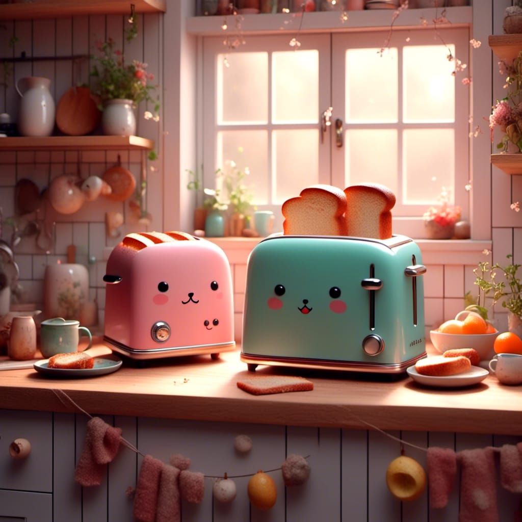 Cute Toaster in Cozy Kitchen, Anthropomorphic Style