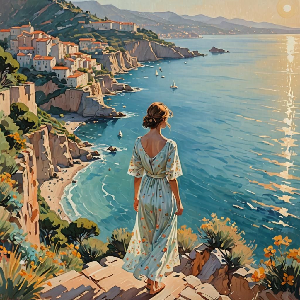 French Riviera Impressionist Painting with Woman in White