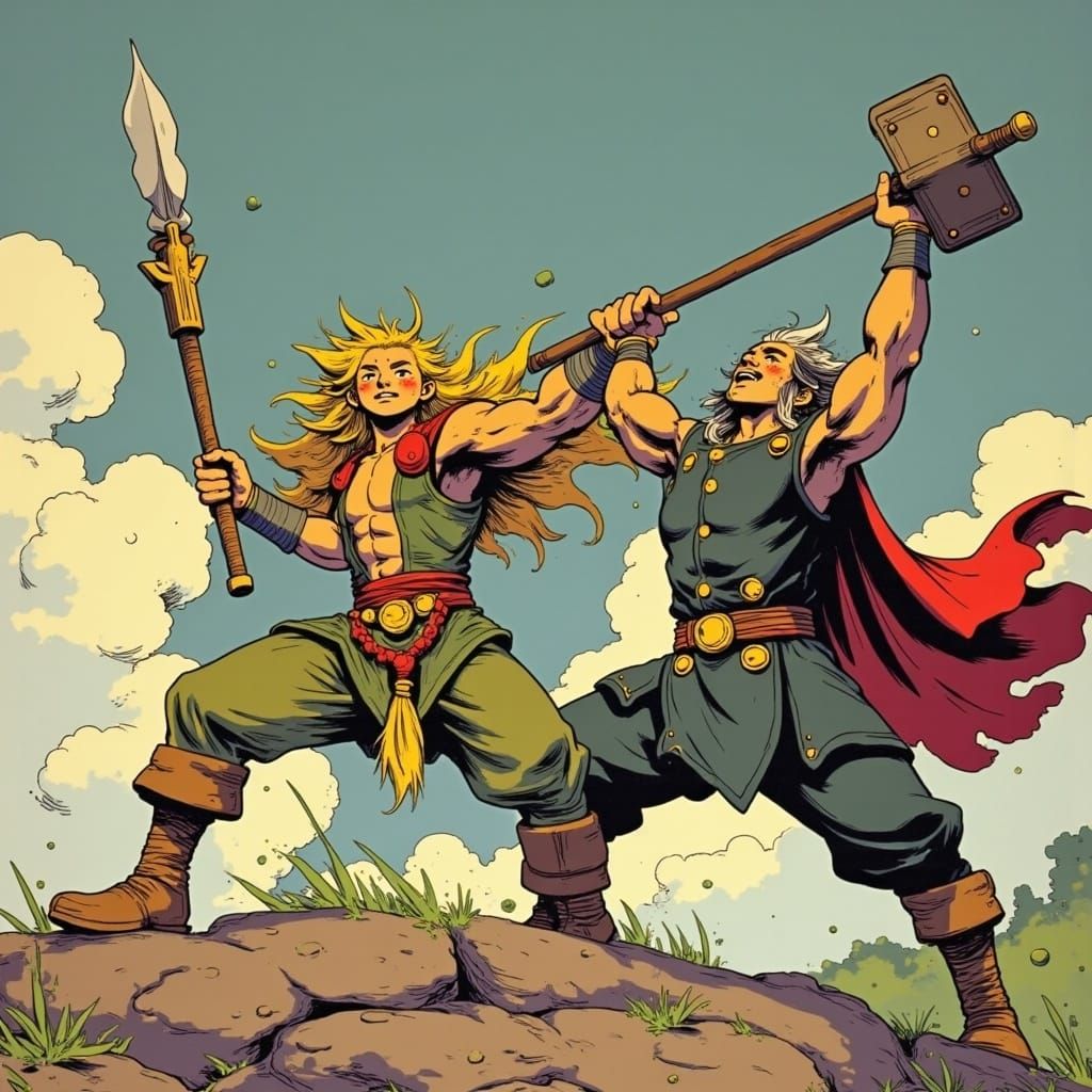 Epic Battle: Golden Sun Wukong vs. Thor in a Manga Frame