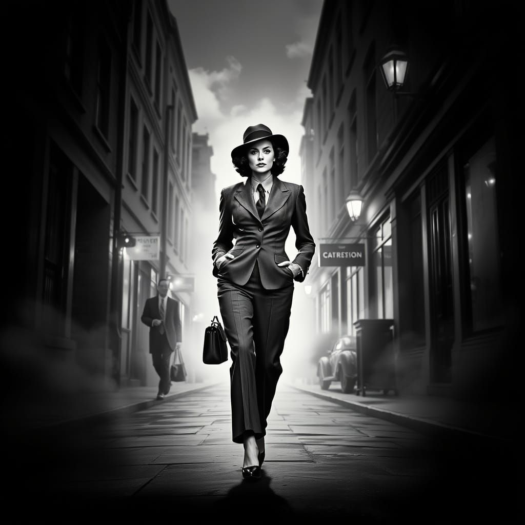 A black and white photo of a woman in a suit and hat