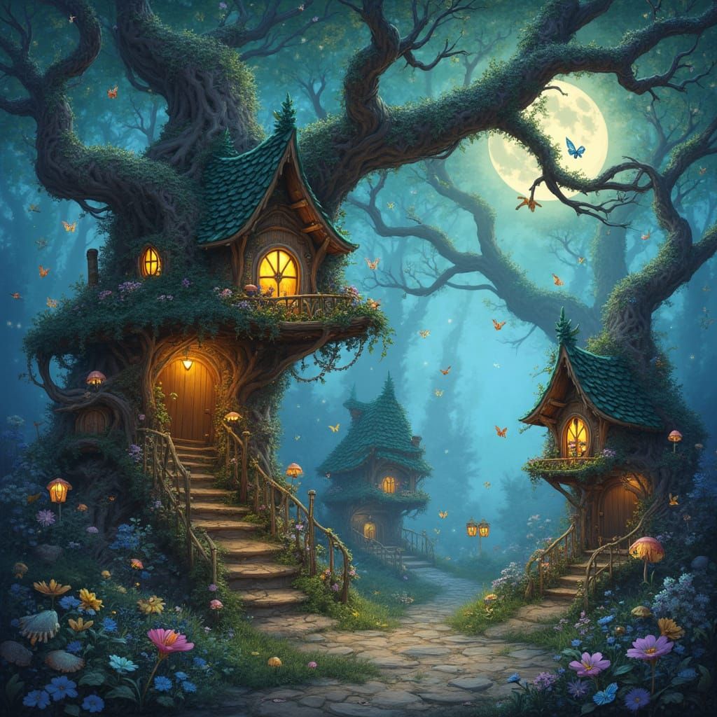 Enchanted Treehouse Village in Mystical Forest