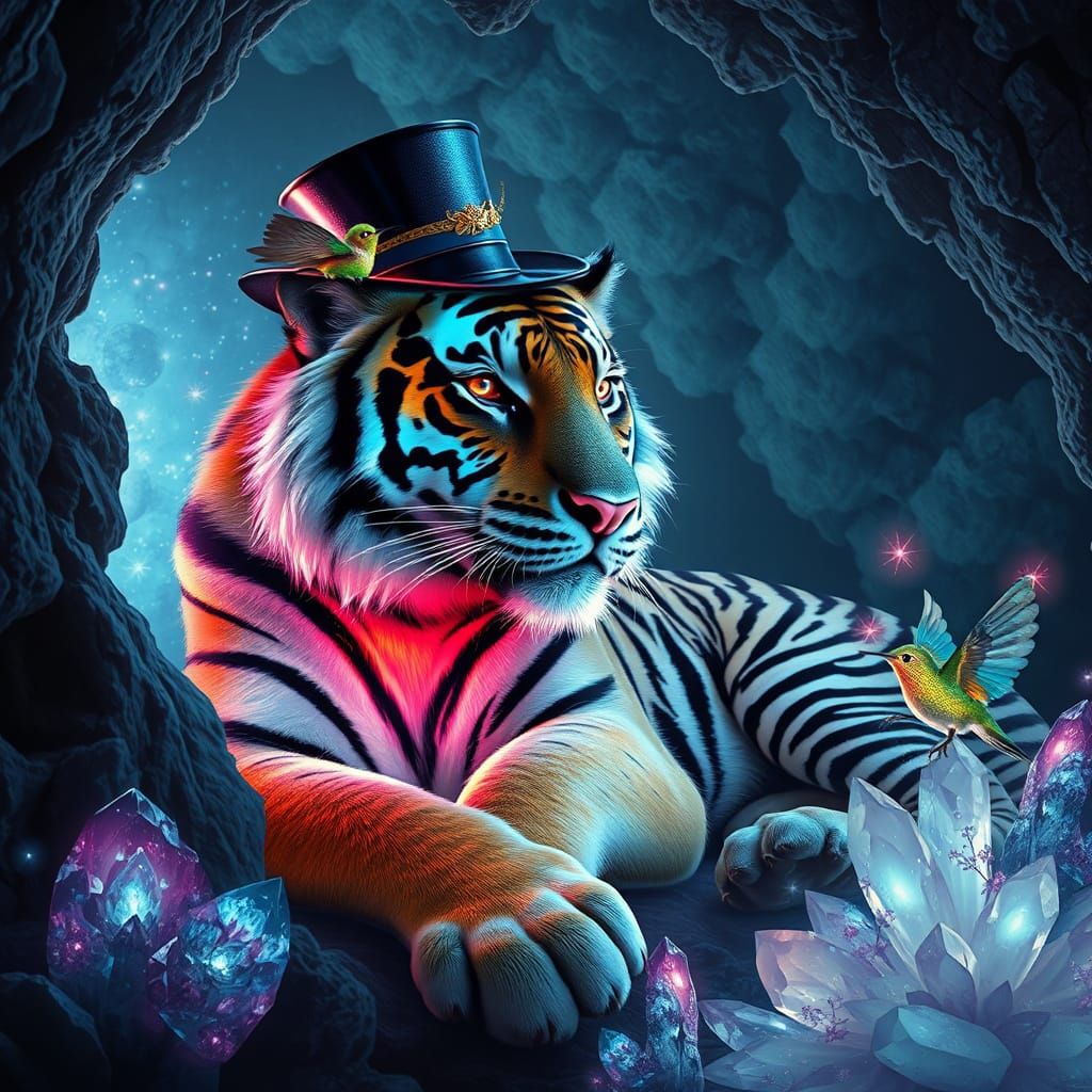 Bioluminescent Tiger in Crystal Cave, Art Deco Style