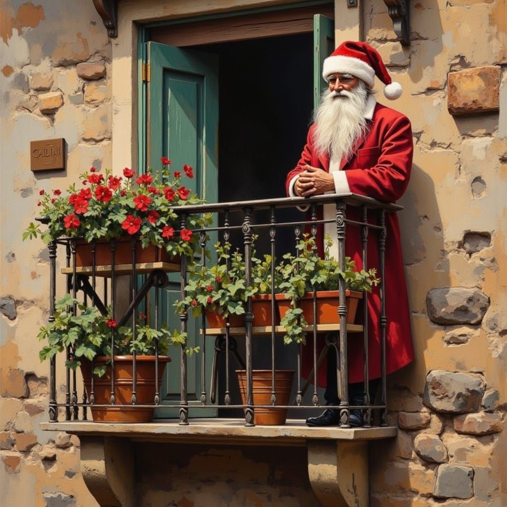 Detailed Oil Painting of Elderly Man on Rustic Balcony