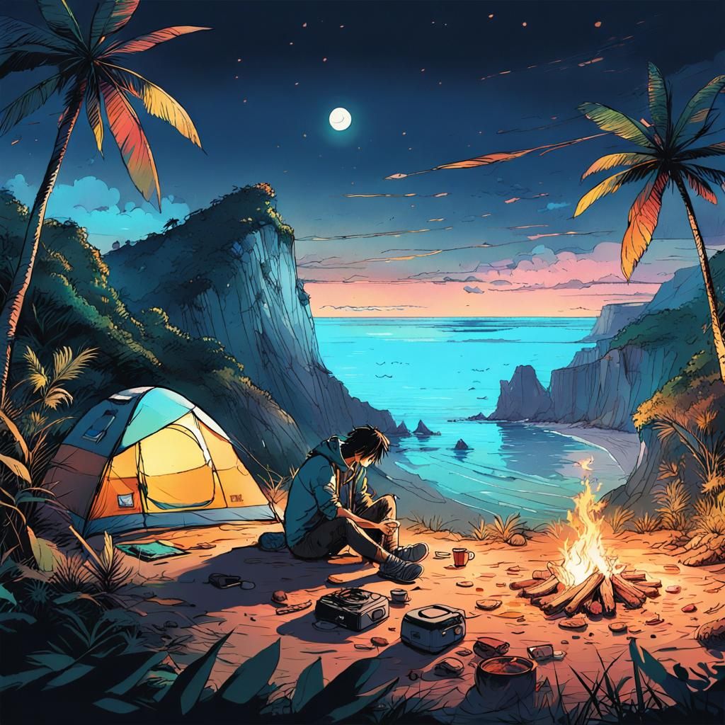 Tropical Beach Camping in Anime Style