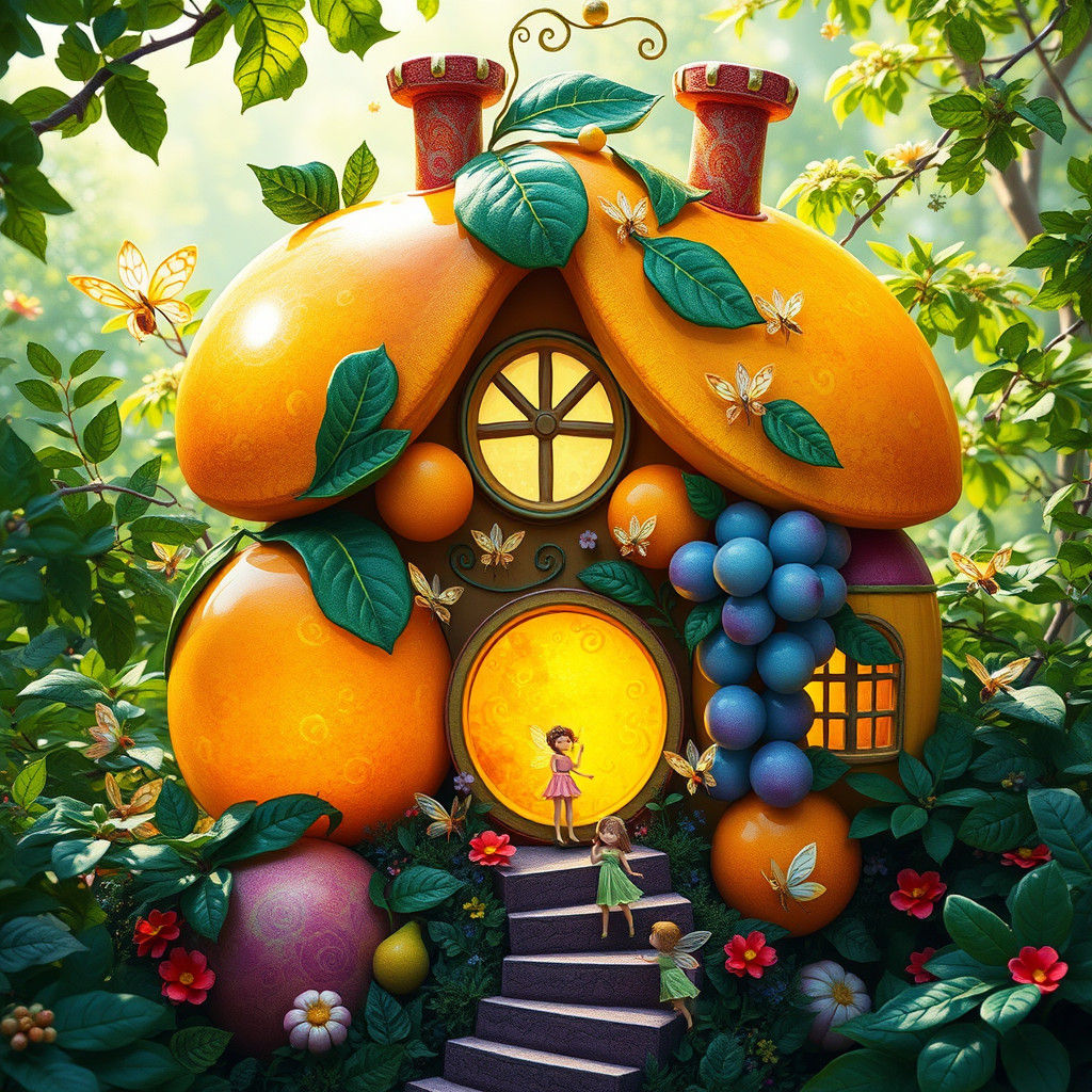 Fairytale Fruit House with Fairies in Klimt Style