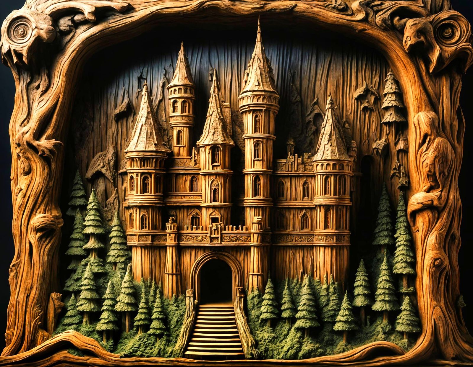 Detailed Wood Carving of a Spooky Castle