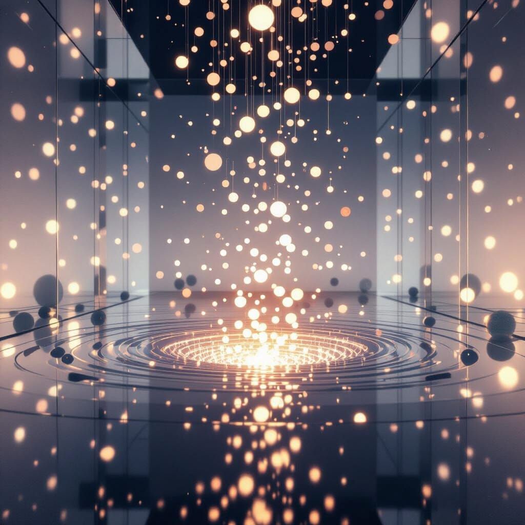 Mirrored Room with Glowing Dots in Surreal Style