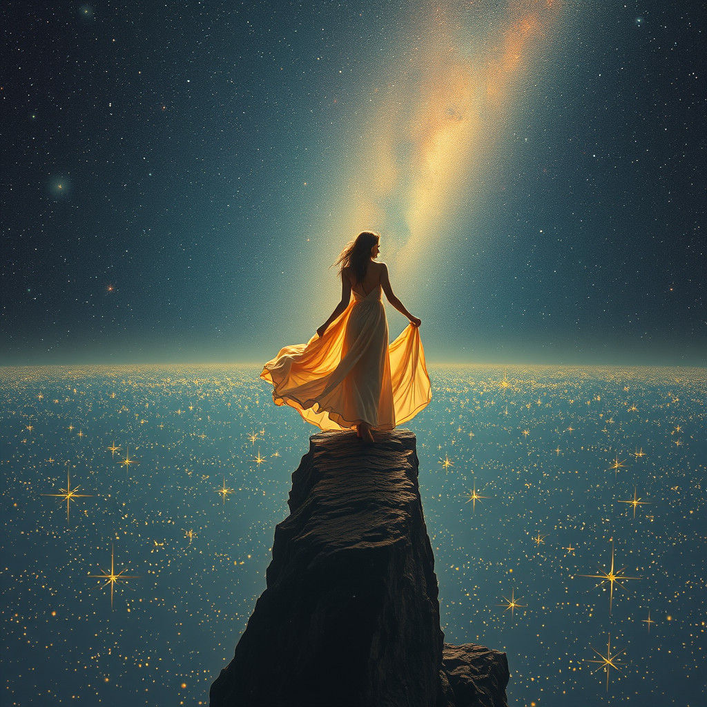 Woman on Edge of Starry Universe in Surreal Style
