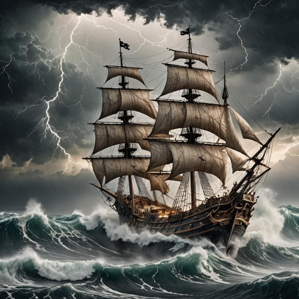 Pirate Galleon Amidst a Raging Storm