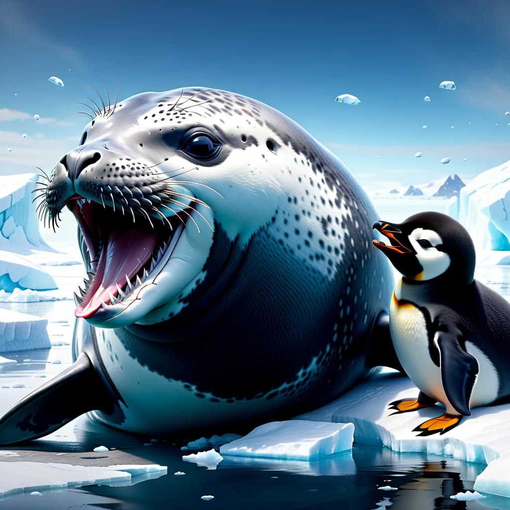 motherly leopard seal licking a baby penguin