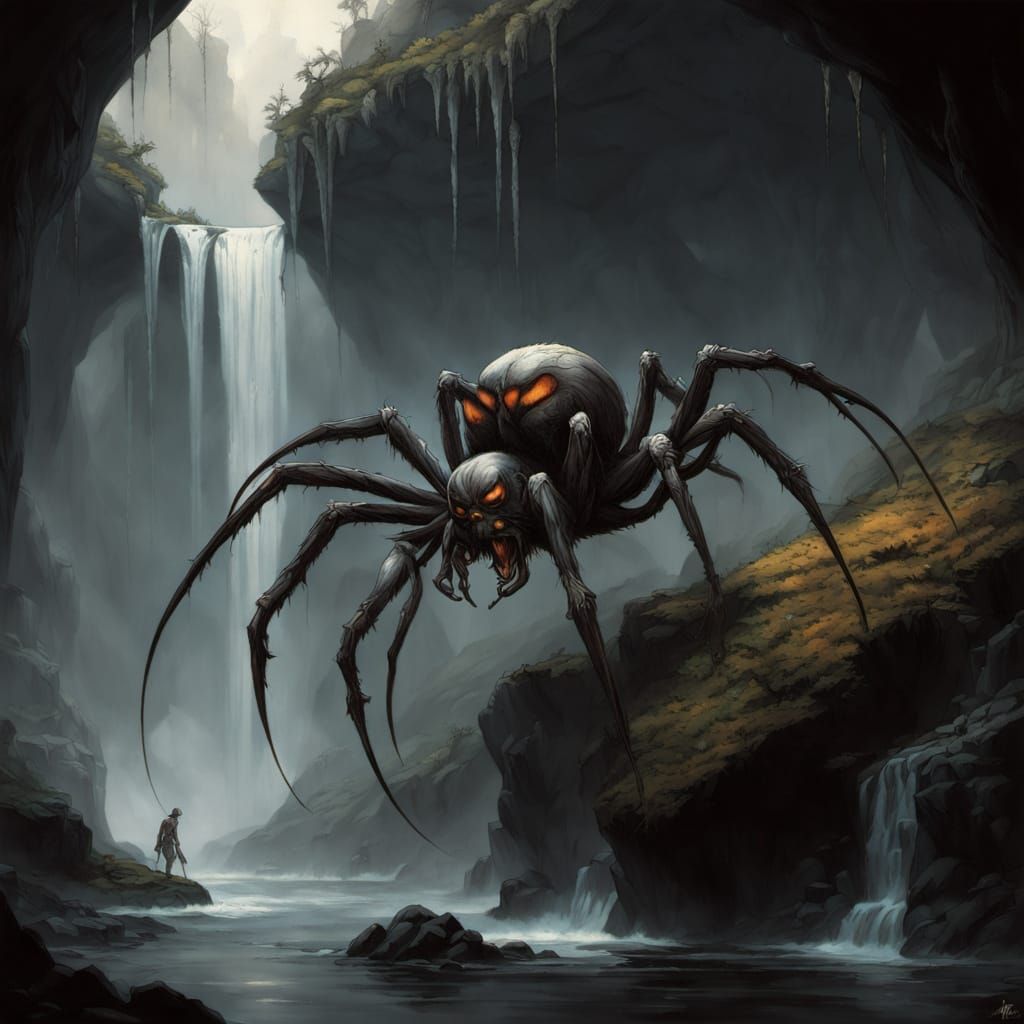 Colossal Glass Spider in Dark Fantasy Cavern